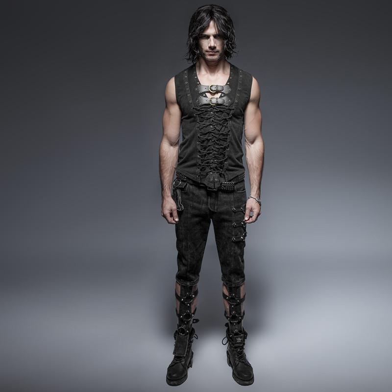 Men's Retro Lace Up Tank Top With Buckles Black