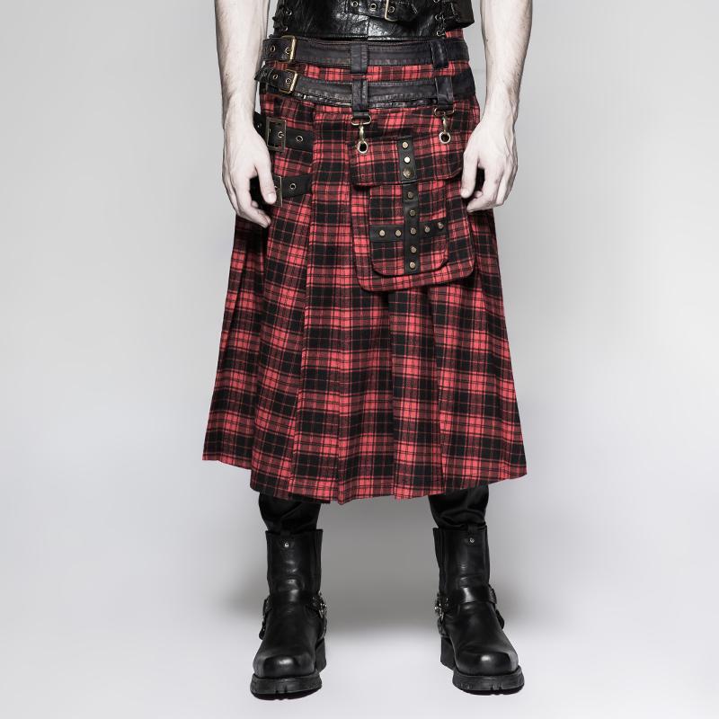 Men's Faux Leather Bucle-up Kilt With Waist Bag Red