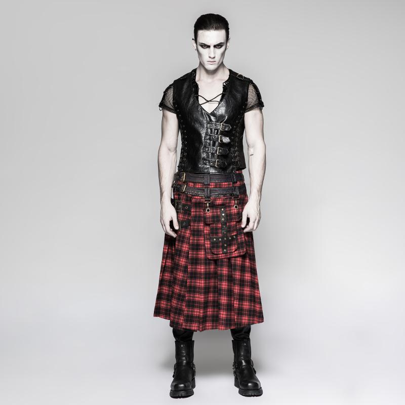 Men's Faux Leather Bucle-up Kilt With Waist Bag Red