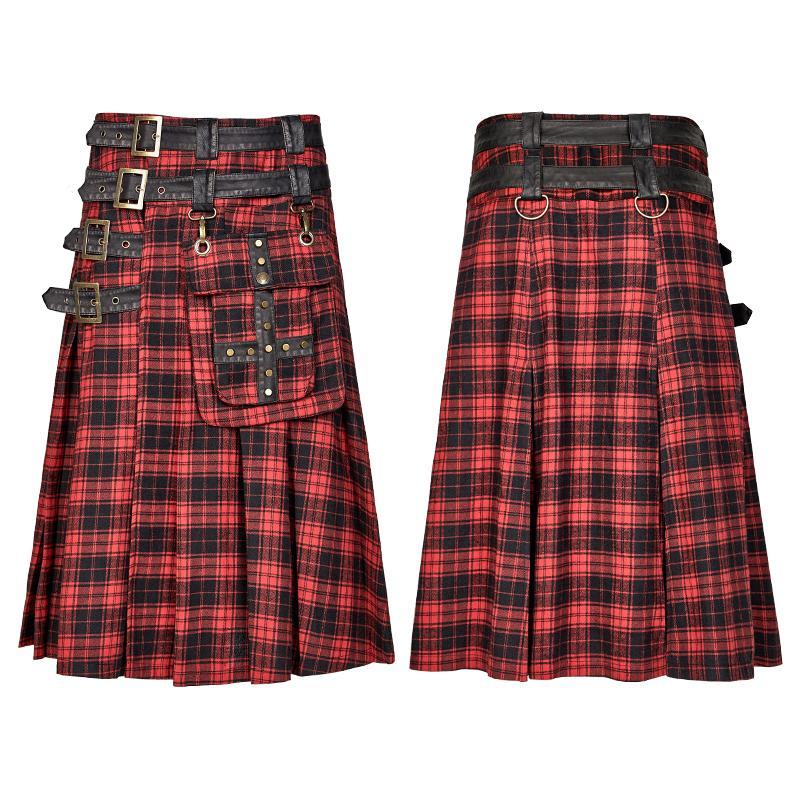 Men's Faux Leather Bucle-up Kilt With Waist Bag Red – Punk Design