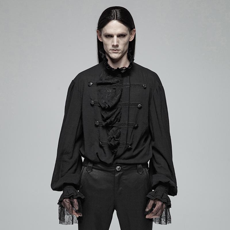 Men's Steampunk Ruffles Shirts With Lace Flare Sleeves Black