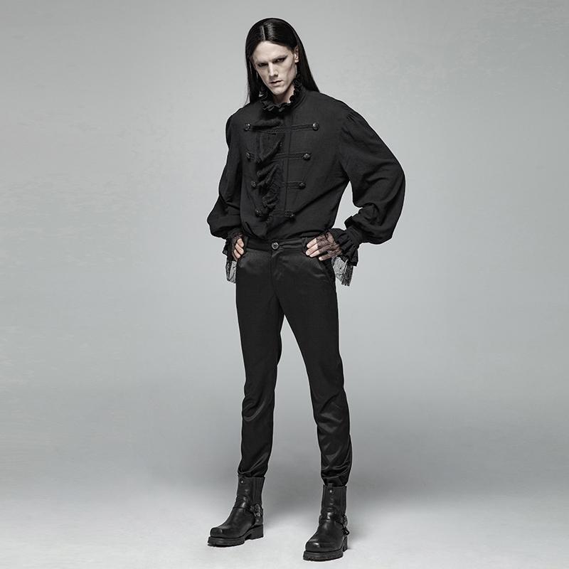 Men's Steampunk Ruffles Shirts With Lace Flare Sleeves Black