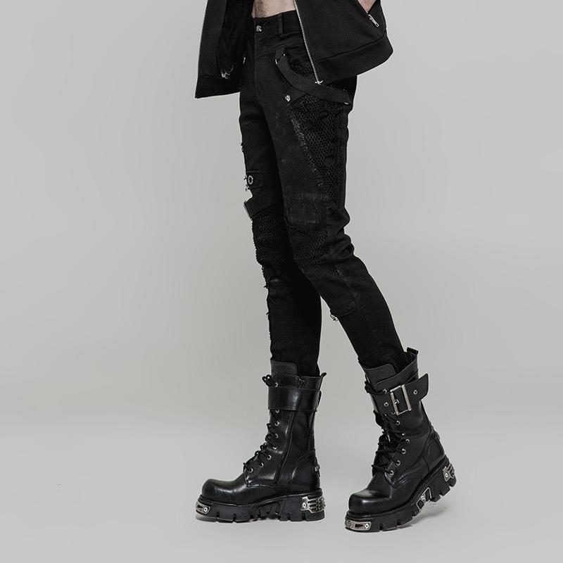 Men's Personality Distressed Mesh-paneled Skinny Trousers