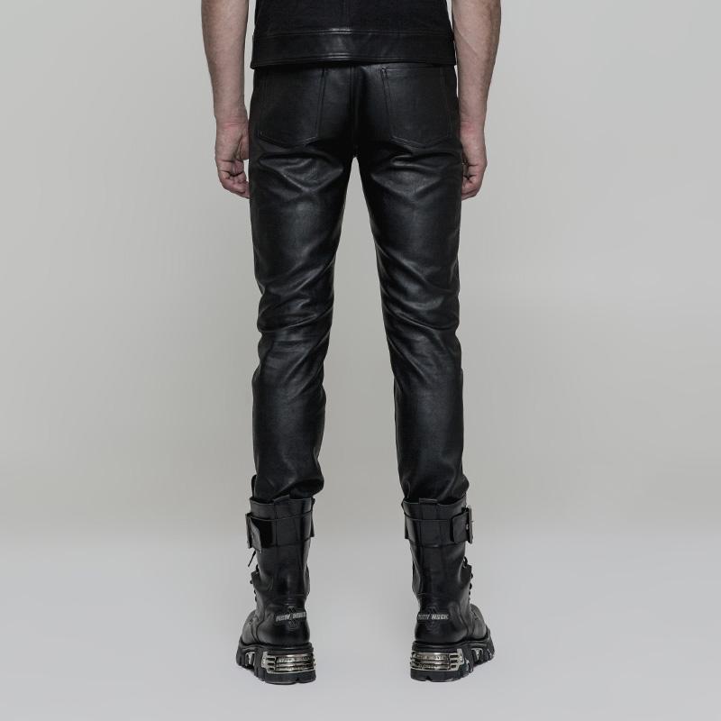 Men's Punk Ruched Faux Leather Skinny Trousers