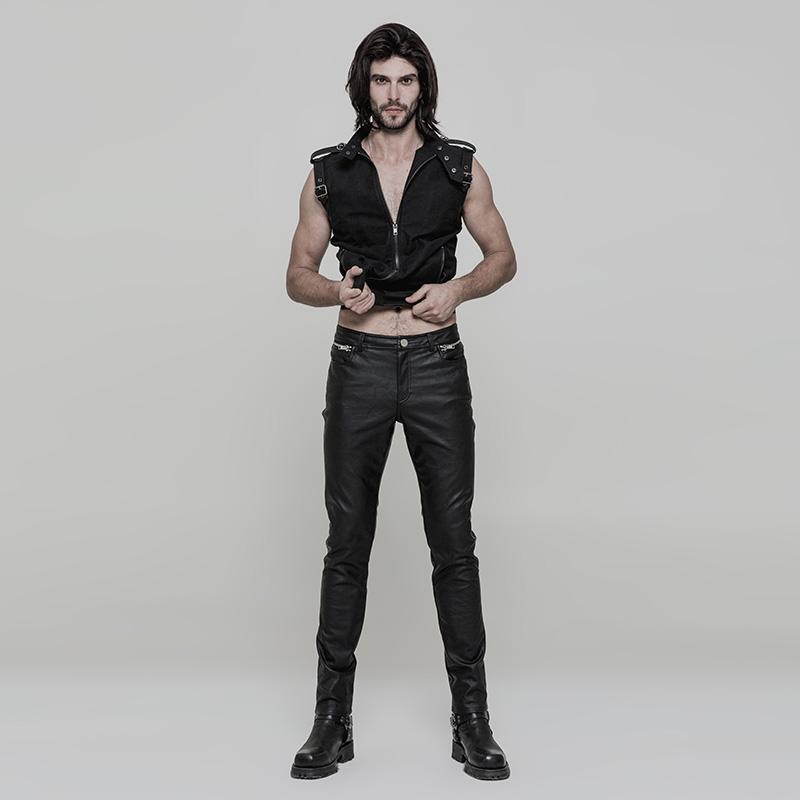 Men's Punk Ruched Faux Leather Skinny Trousers
