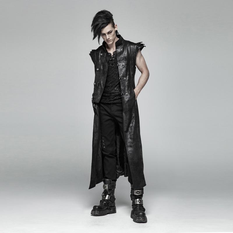 Men's Vintage Goth Faux Leather Stand Collar Angel's Wings Maxi Vest