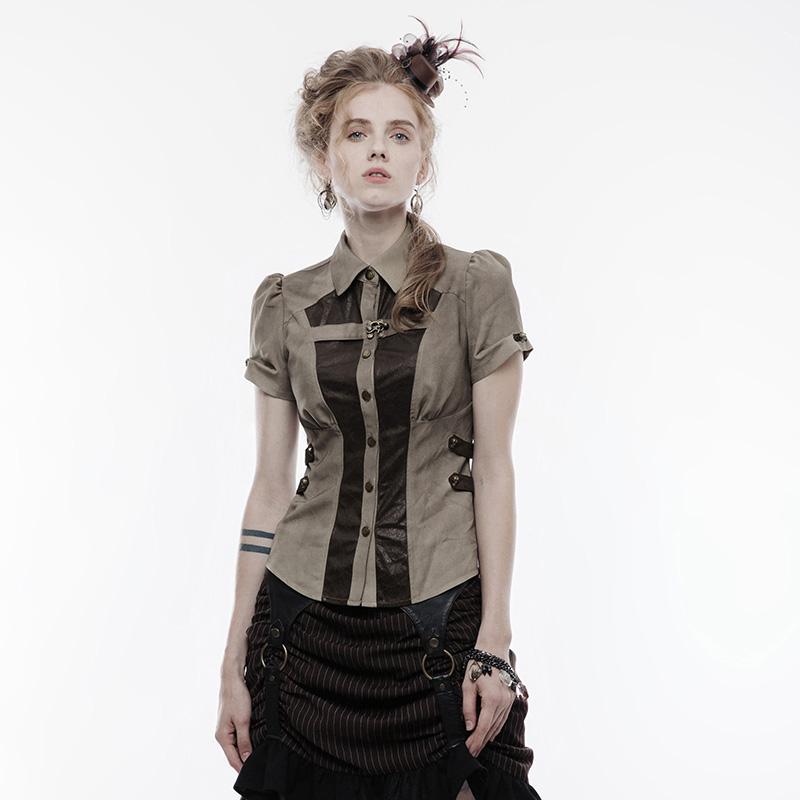Punk Rave Women's Faux Leather Colorblock Metal Buttons Handsome Shirt Y827