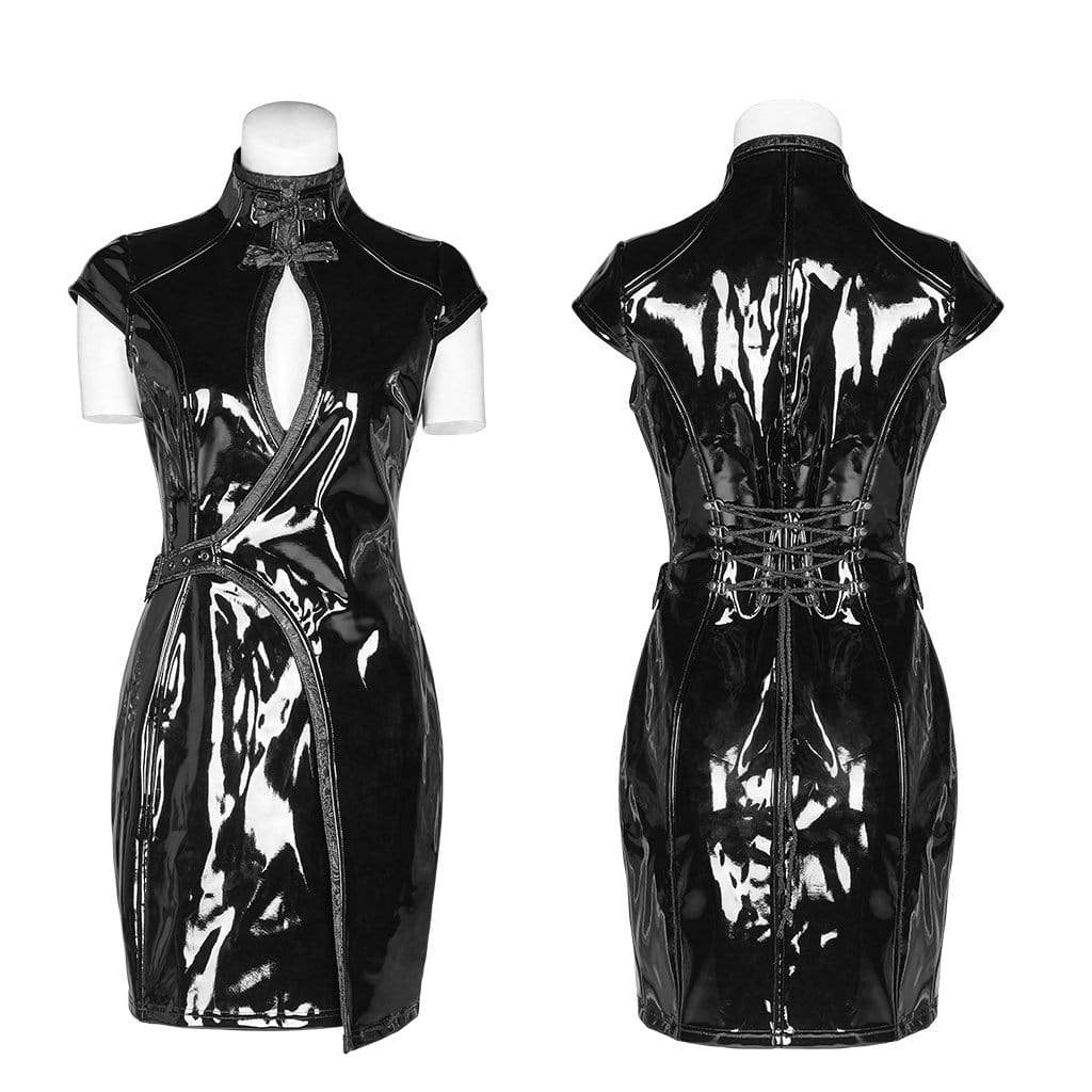 Women's Cheongsam Style Faux Leather Cutout Slim Fitted Dresses