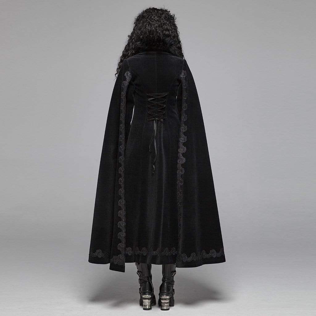 Women's Goth Embroideried Woolen Maxi Coat With Fur Collar