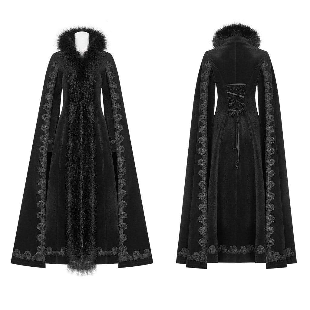 Women's Goth Embroideried Woolen Maxi Coat With Fur Collar