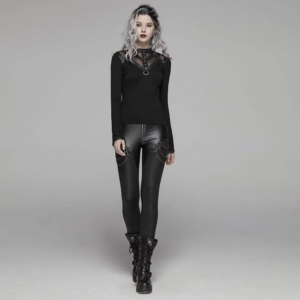 Women's Goth Faux Leather Skinny Leggings With Metal Chains