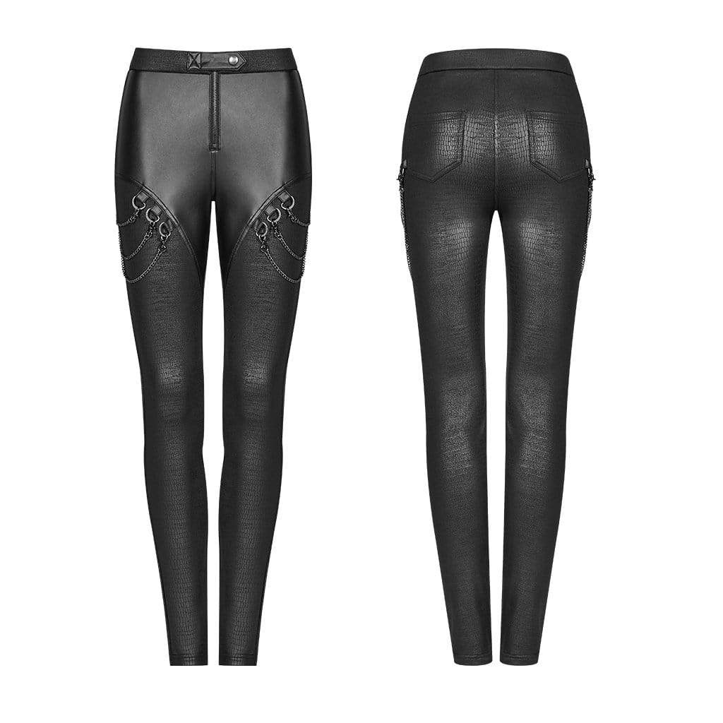 Women's Goth Faux Leather Skinny Leggings With Metal Chains