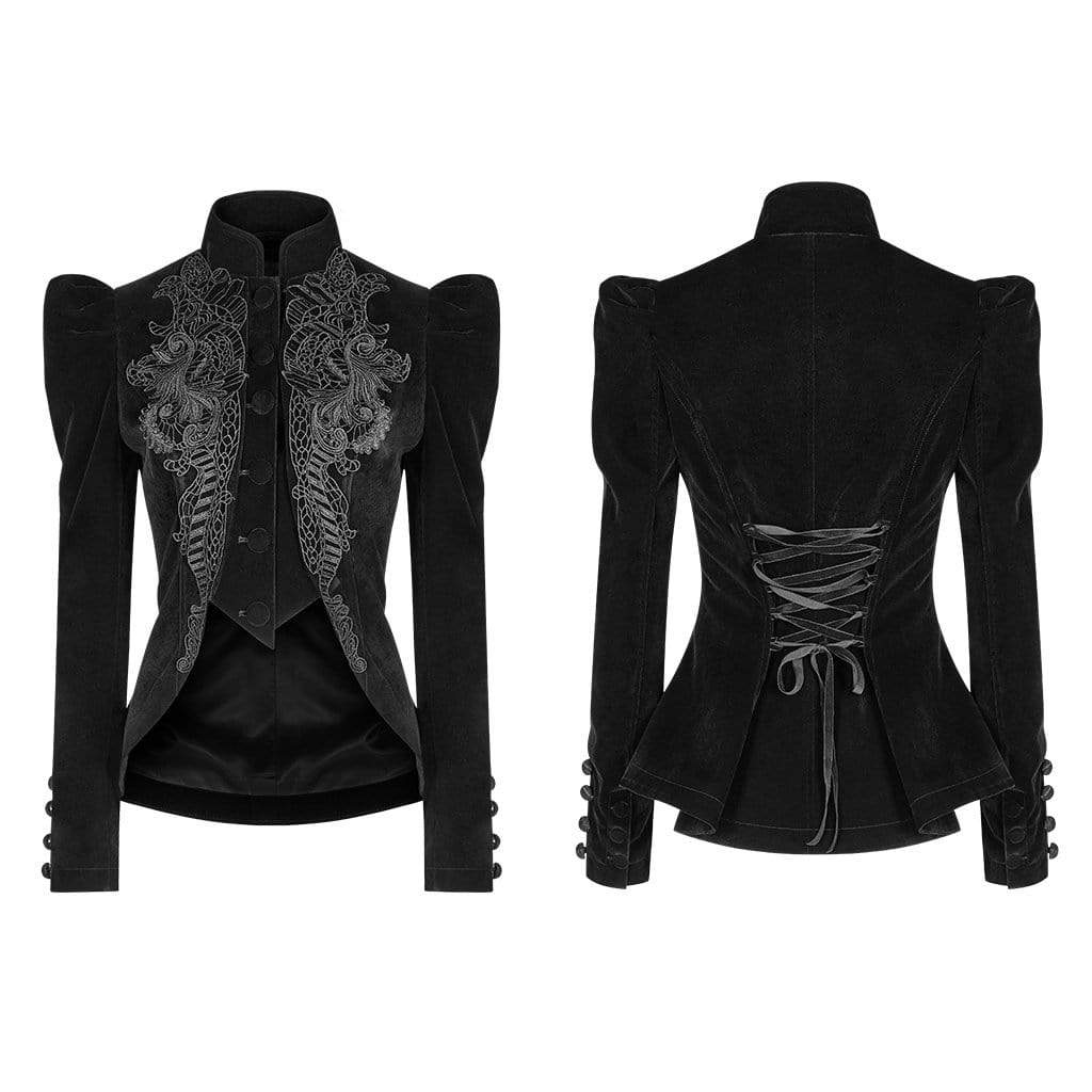 Women's Goth Floral Embroideried Puff Sleeved Velet Short Jackets