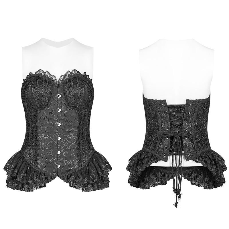 Women's Goth Floral Jacquard Overbust Corsets With Lace Hem