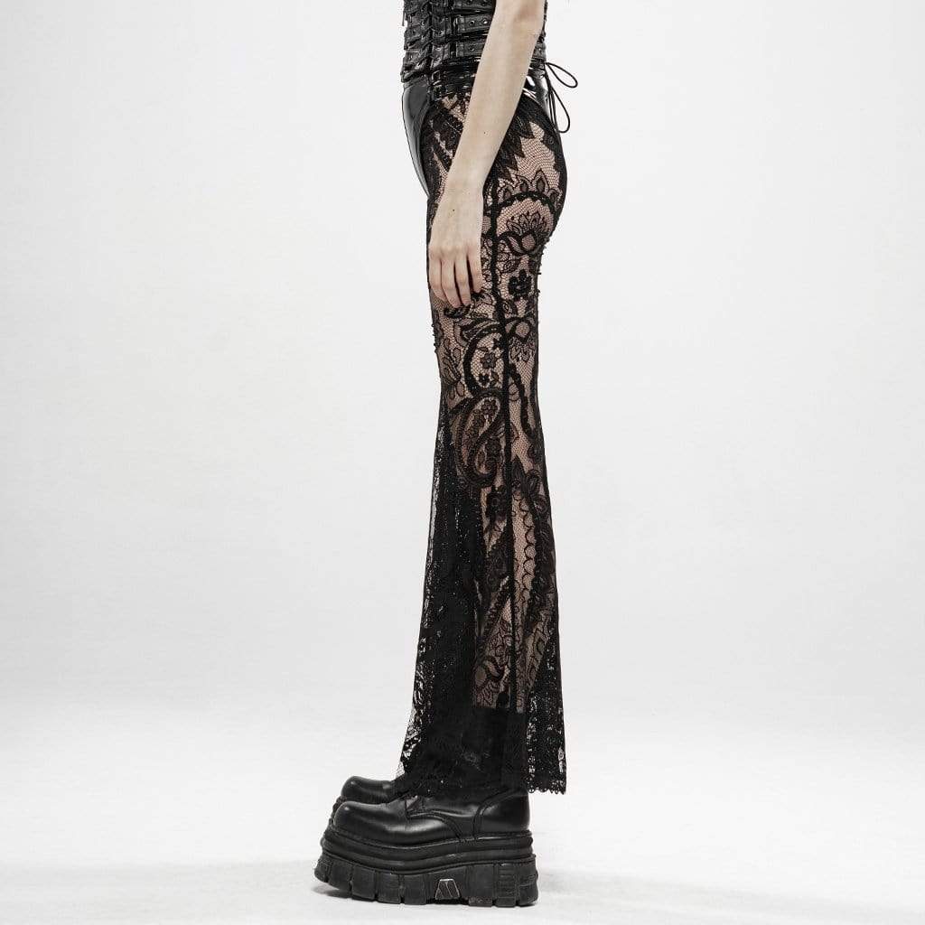 Women's Goth Floral Lace Sheer Flared Pants