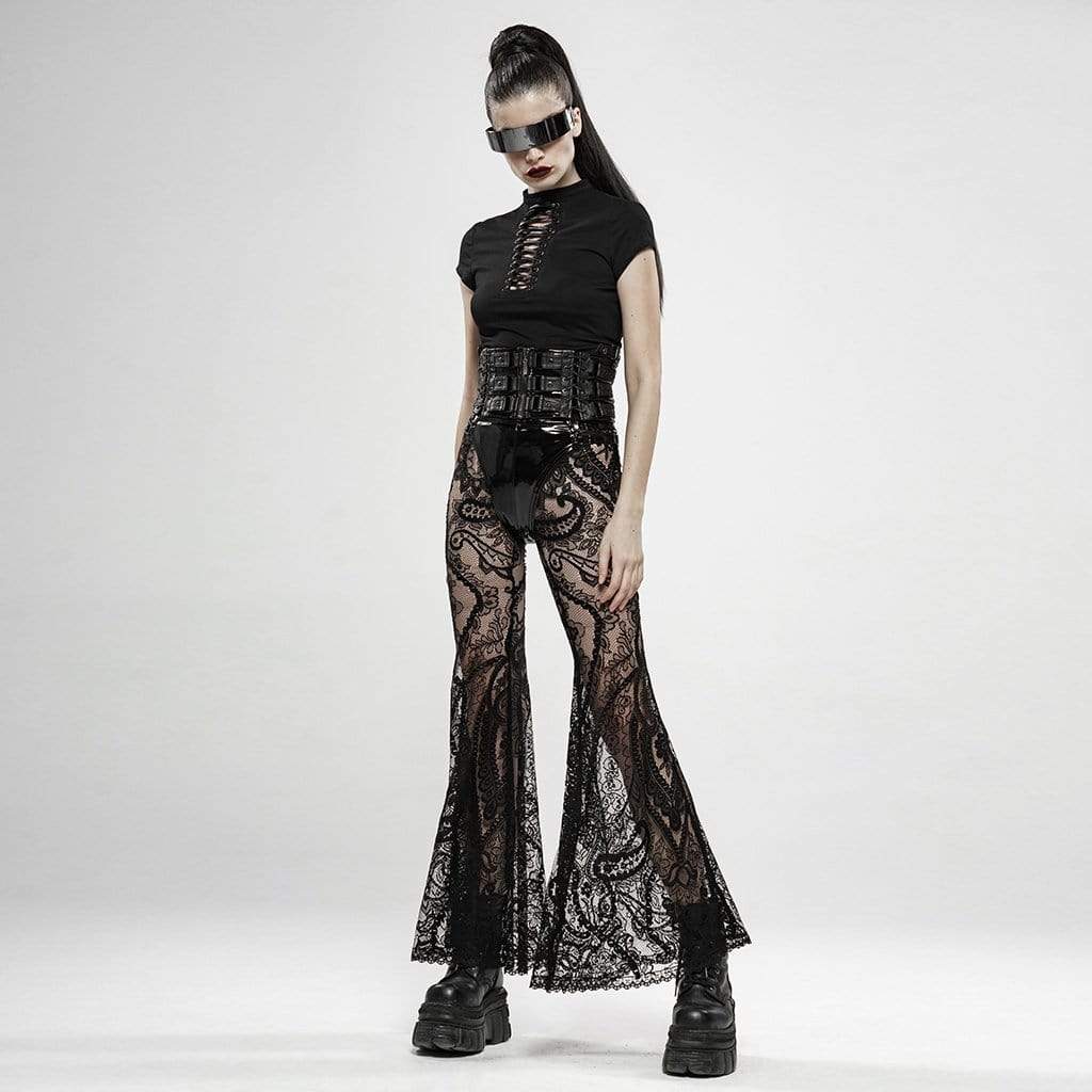 Women's Goth Floral Lace Sheer Flared Pants