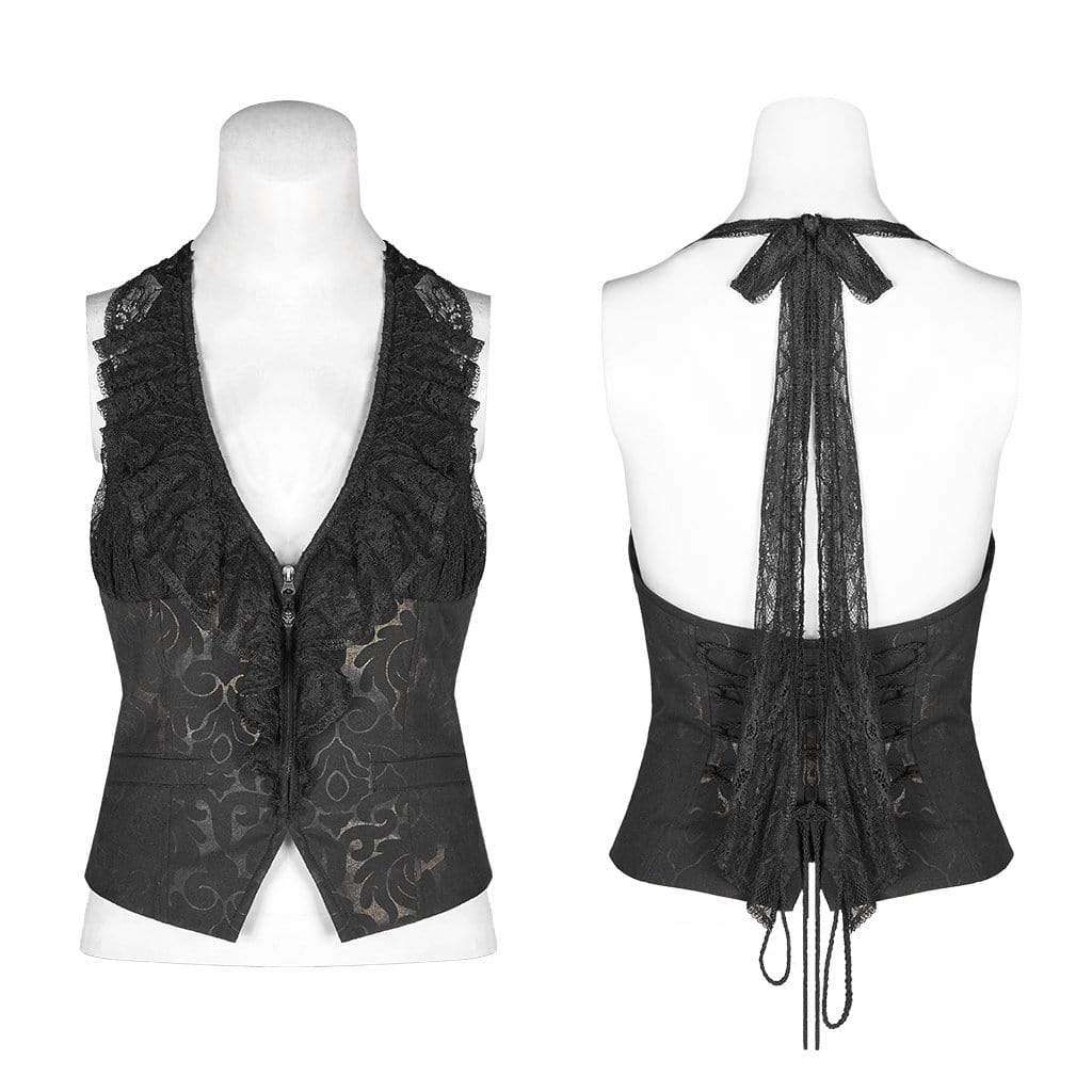 Women's Goth Flower Frilled V-Neck Lace Vests