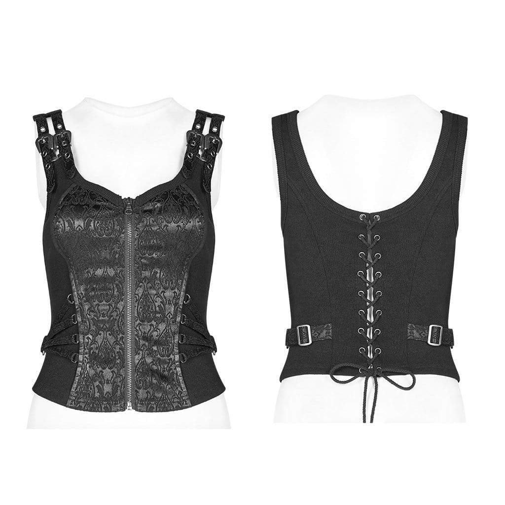 Women's Goth Front Zipper Lacing Jacquard Vest