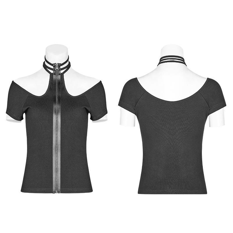Women's Goth Halter Cold Shoulder Zip Up Black Top