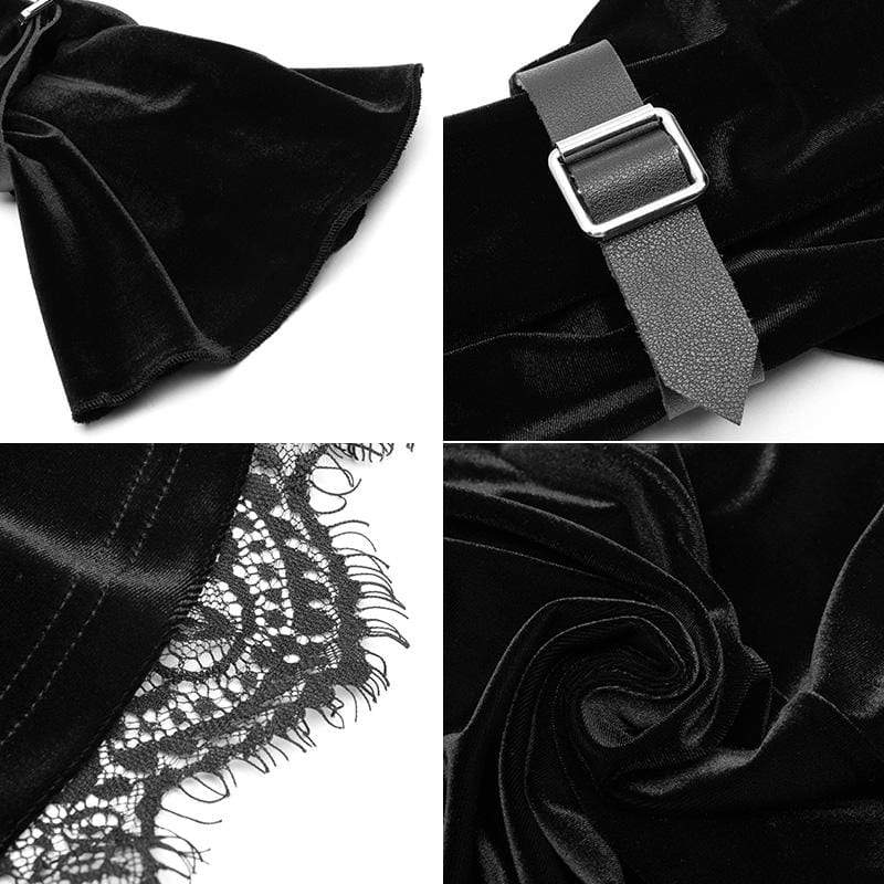 Women's Goth Halterneck Font Zip Flare Sleeved Velet Dress