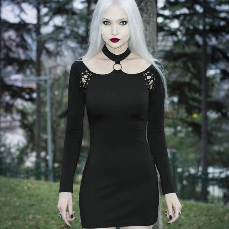 Women's Goth Halterneck Long Sleeved Black Little Dress