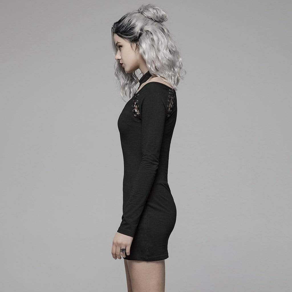Women's Goth Halterneck Long Sleeved Black Little Dress