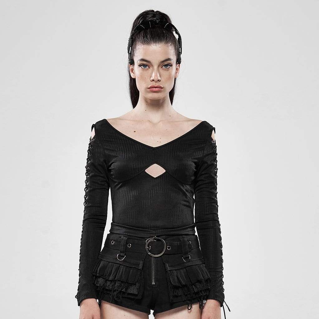 Women's Goth Hollow Out Lace-Up Sleeved Black Tops