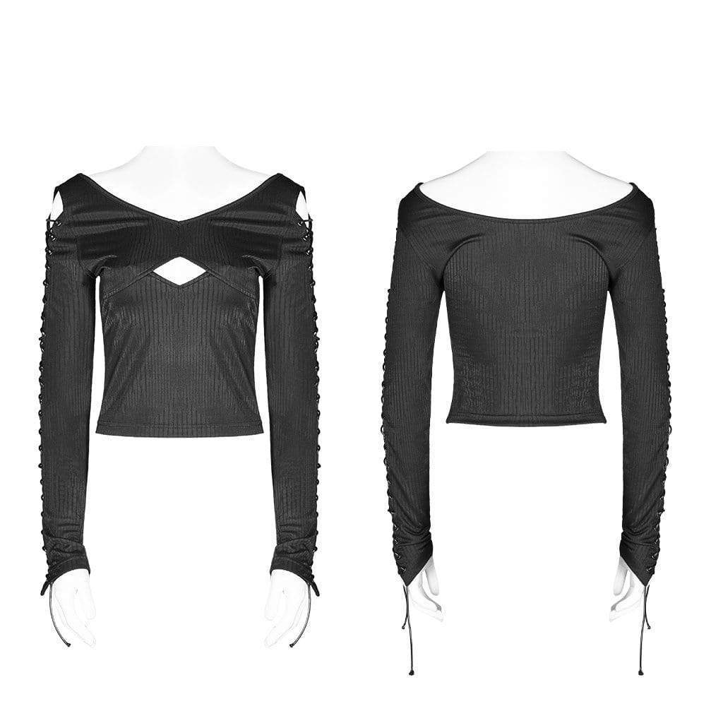 Women's Goth Hollow Out Lace-Up Sleeved Black Tops