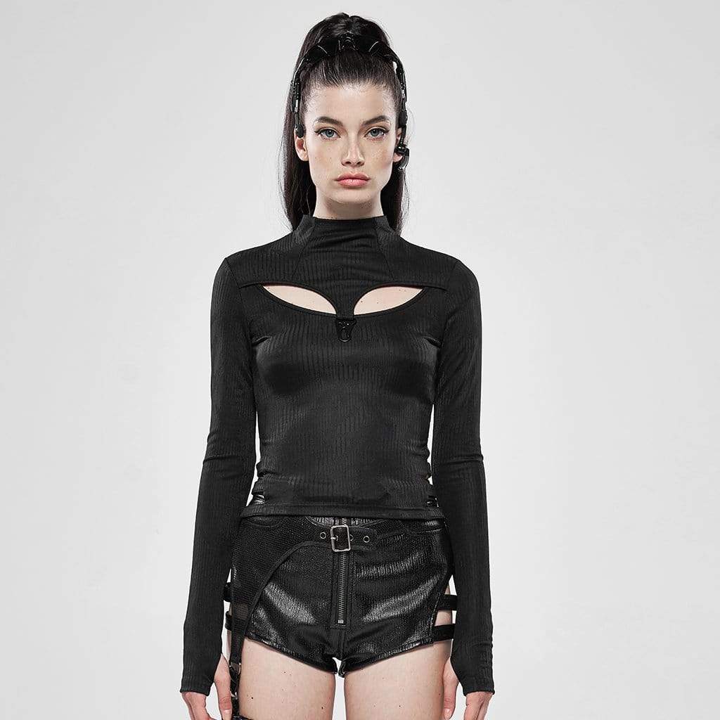Women's Goth Hollow Out Long Sleeved Slim Fitted T-shirts