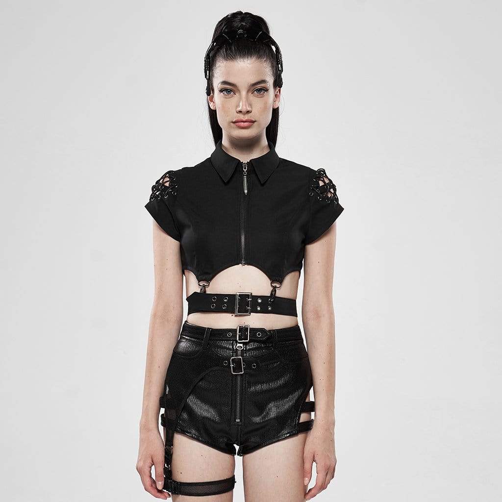 Women's Goth Hollow Out Zipper Fly Black Shirts With Waist Belt
