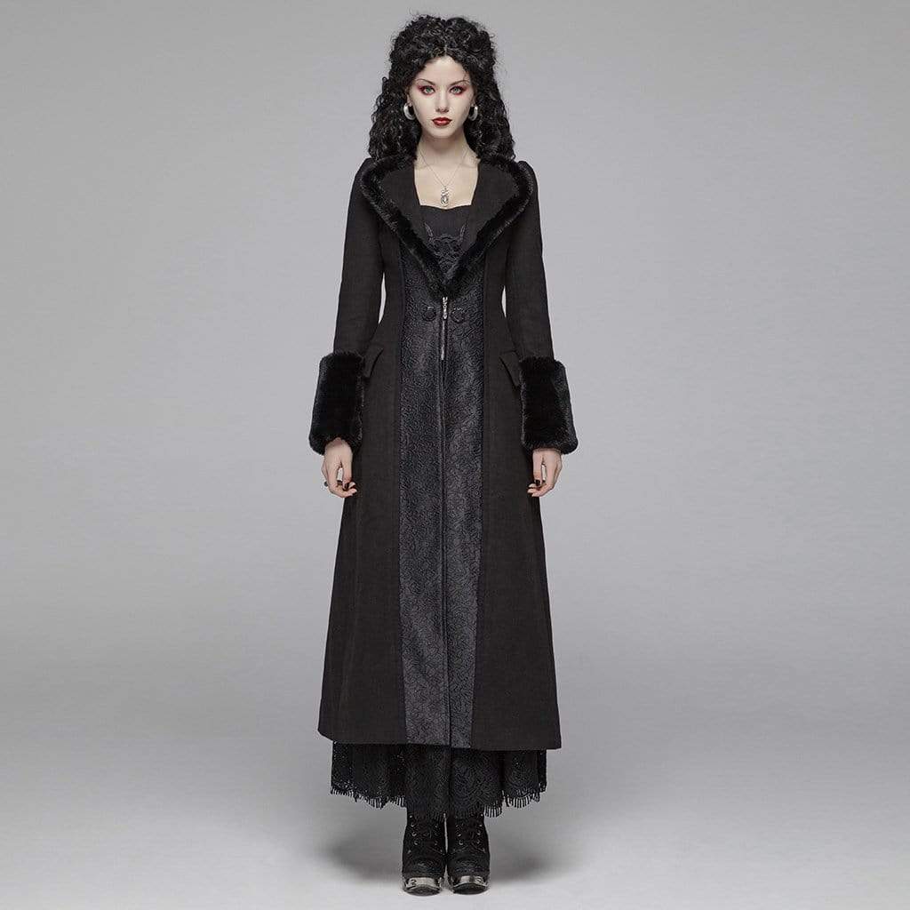 Women's Goth Jacquard Turn-Down Collar Woolen Overcoat