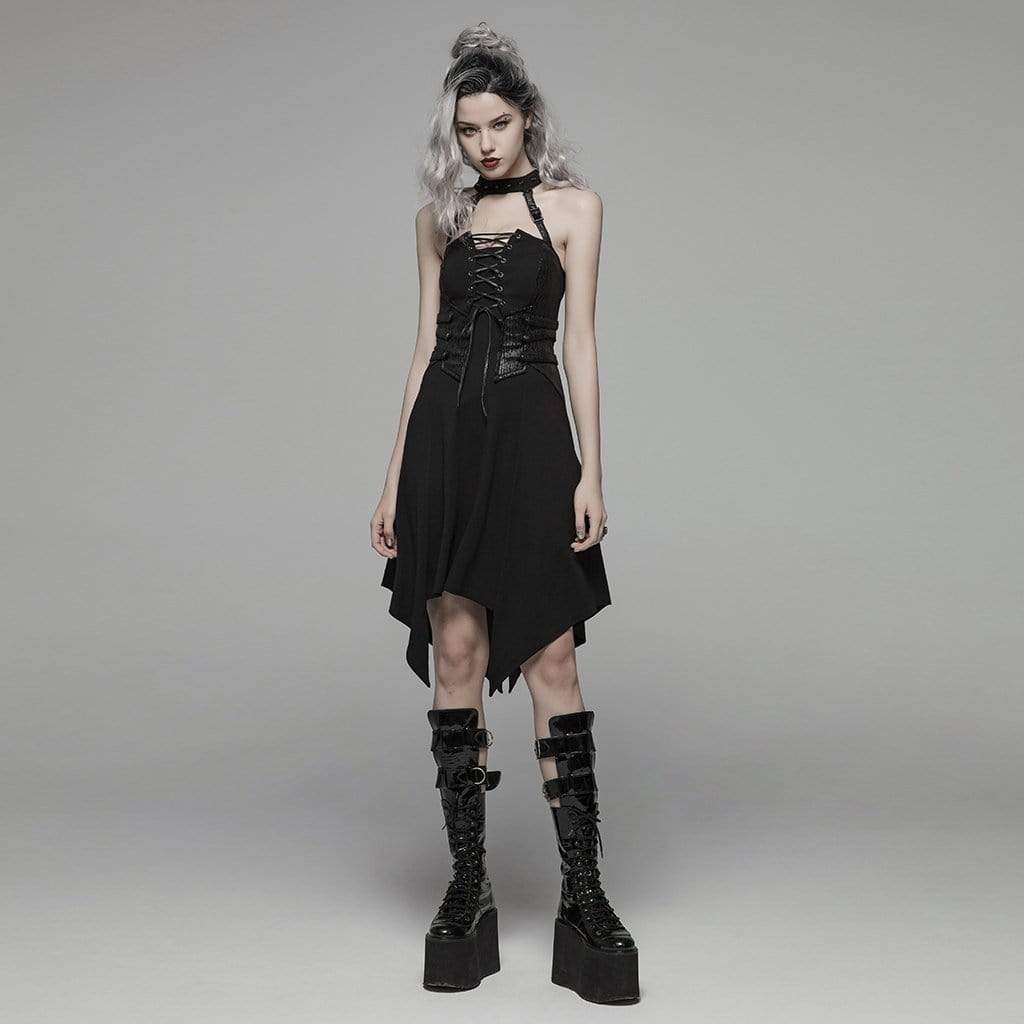 Women's Goth Lacing Halterneck Irregular Dress