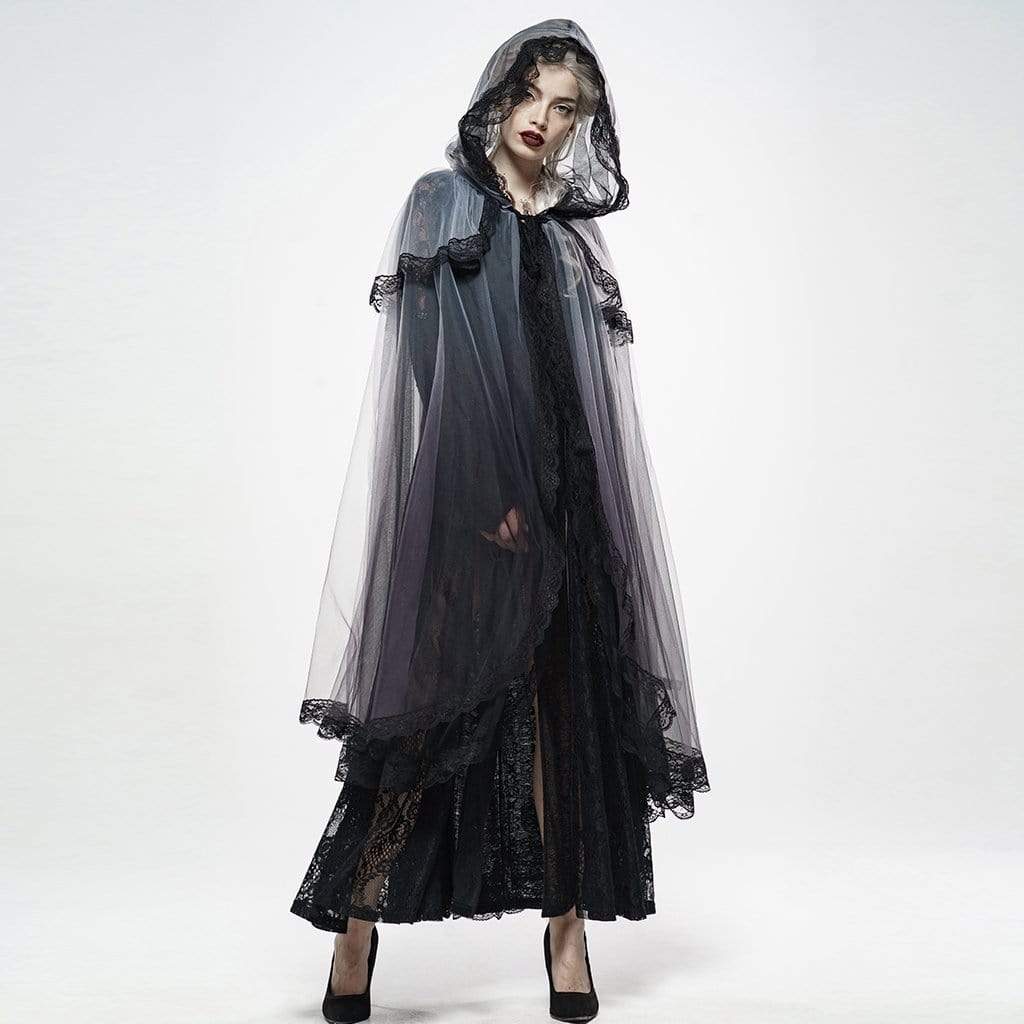 Women's Goth Mesh Irregular Lace-up Hooded Cloaks