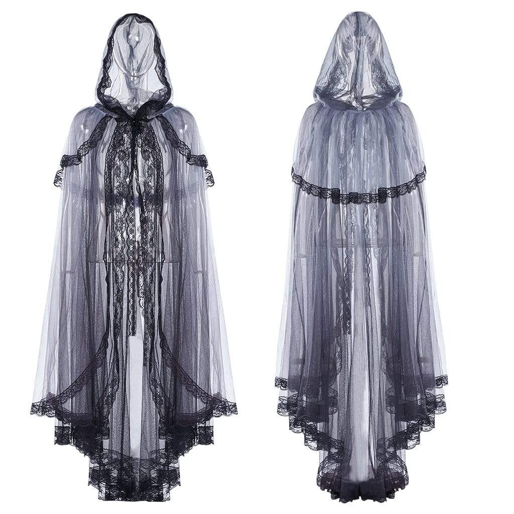 Women's Goth Mesh Irregular Lace-up Hooded Cloaks