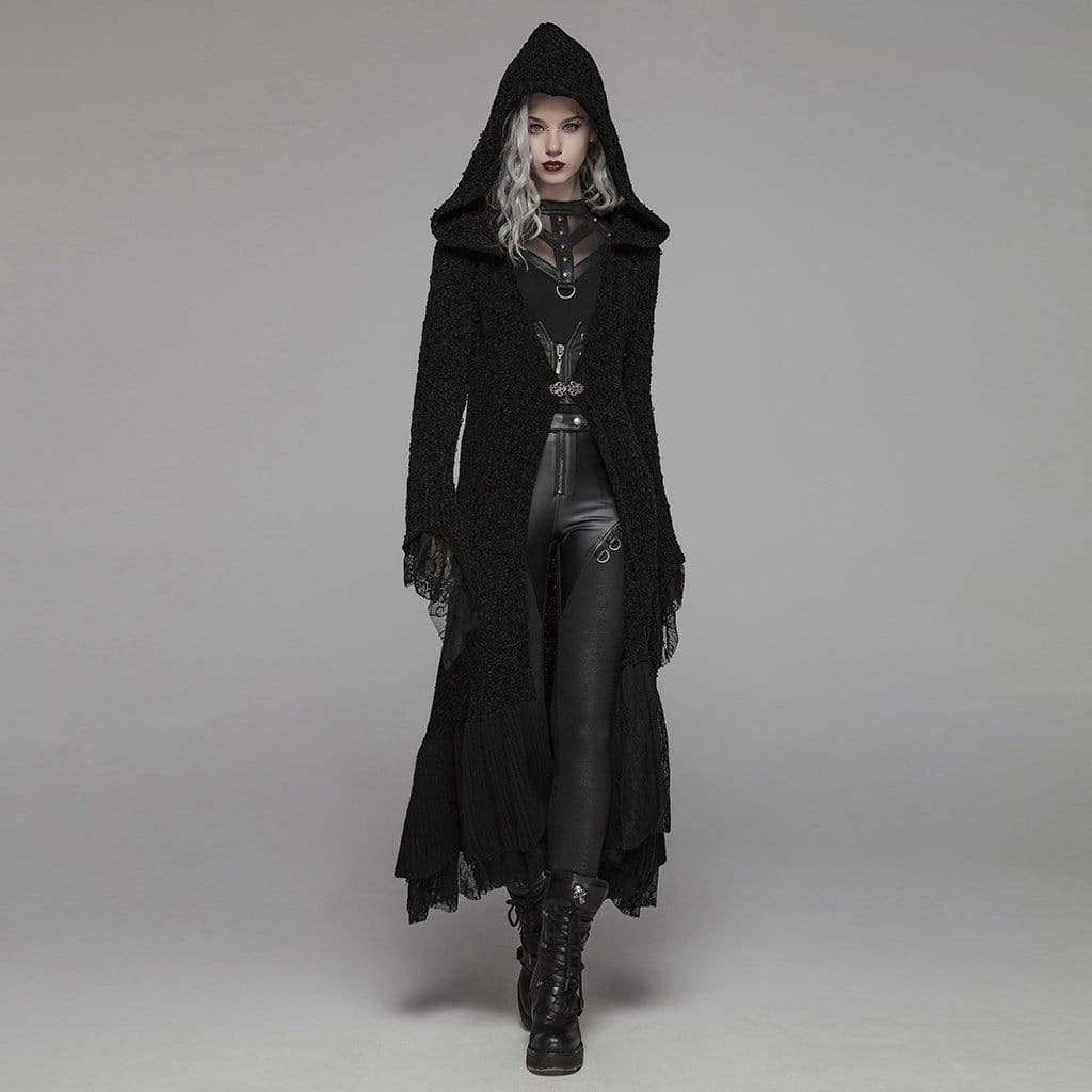 Women's Goth Multilayer Hooded Woolen Cardigan With Lace Sleeves