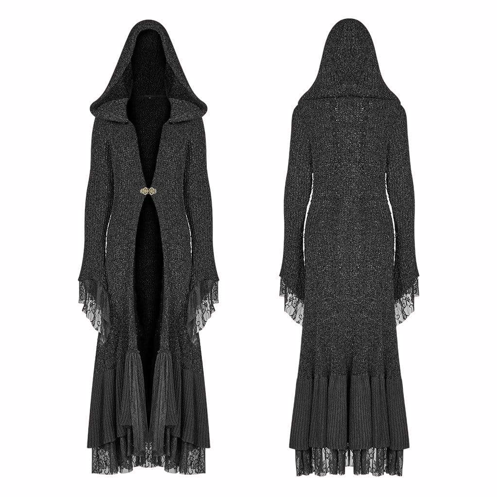 Women's Goth Multilayer Hooded Woolen Cardigan With Lace Sleeves