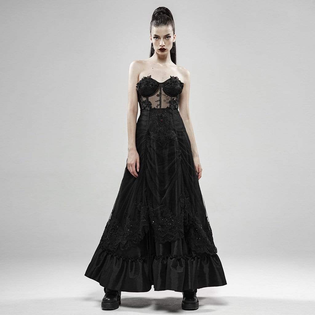 Women's Goth Multilayered Flower Embroidered Long Skirts Black