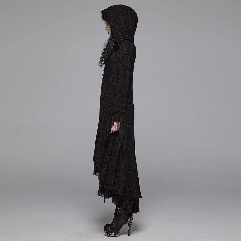 Cárdigan largo con capucha de encaje multicapa gótico para mujer