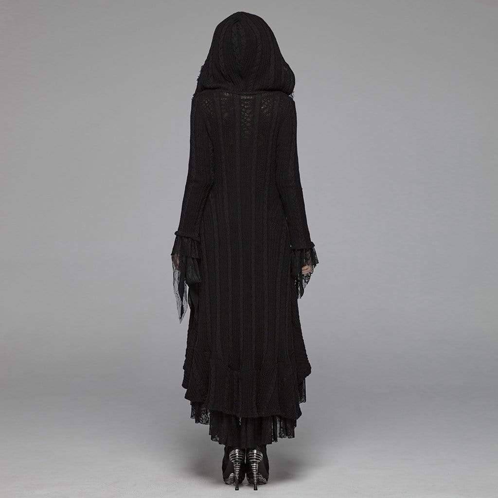Cárdigan largo con capucha de encaje multicapa gótico para mujer