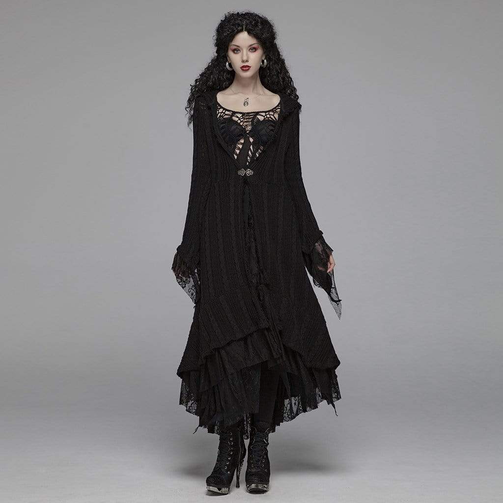 Women's Goth Multilayered Lace Hooded Long Cardigan