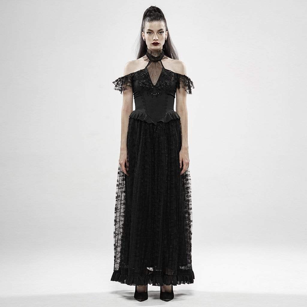 Women's Goth Off Shoulder Halterneck Lace Sleeved Dresses