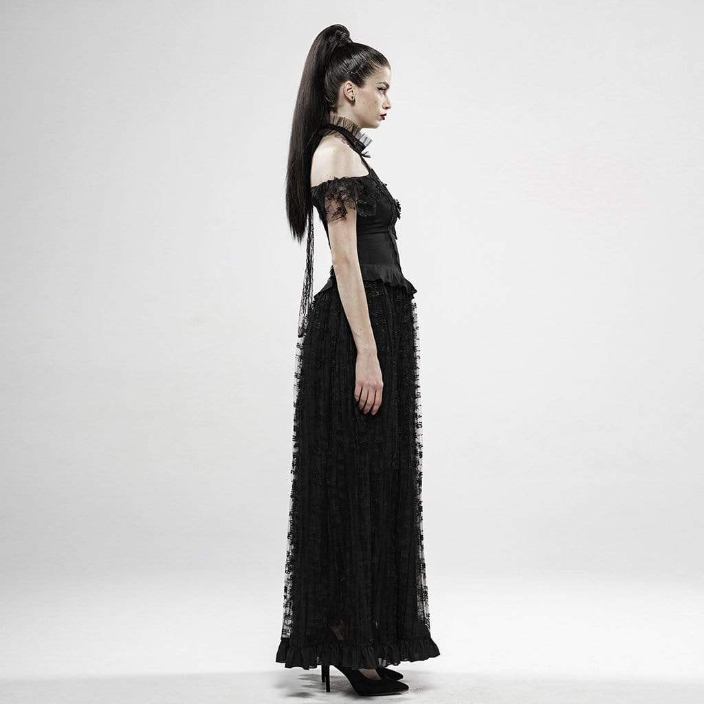 Women's Goth Off Shoulder Halterneck Lace Sleeved Dresses