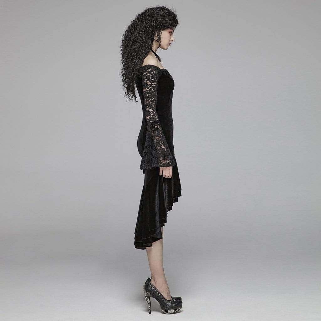 Women's Goth Off Shoulder High/Low Velet Dress With Lace Sleeves