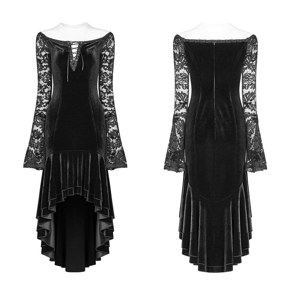 Women's Goth Off Shoulder High/Low Velet Dress With Lace Sleeves