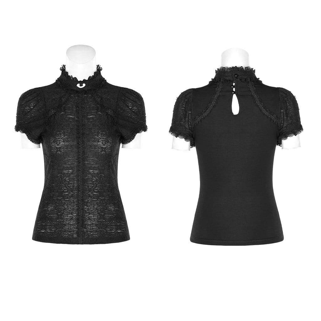 Women's Goth Pleated Short Sleeved Slim Fitted Tops Black
