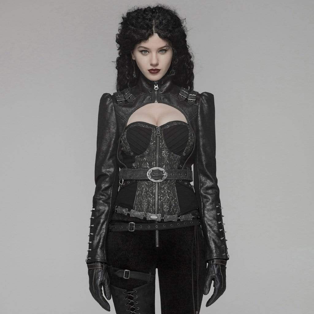 Women's Goth Rivets Faux Leather Lacing Short Jackets With Belt