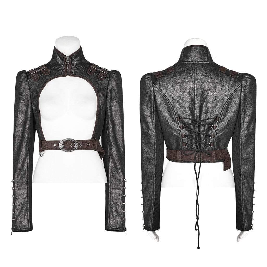 Women's Goth Rivets Faux Leather Lacing Short Jackets With Belt