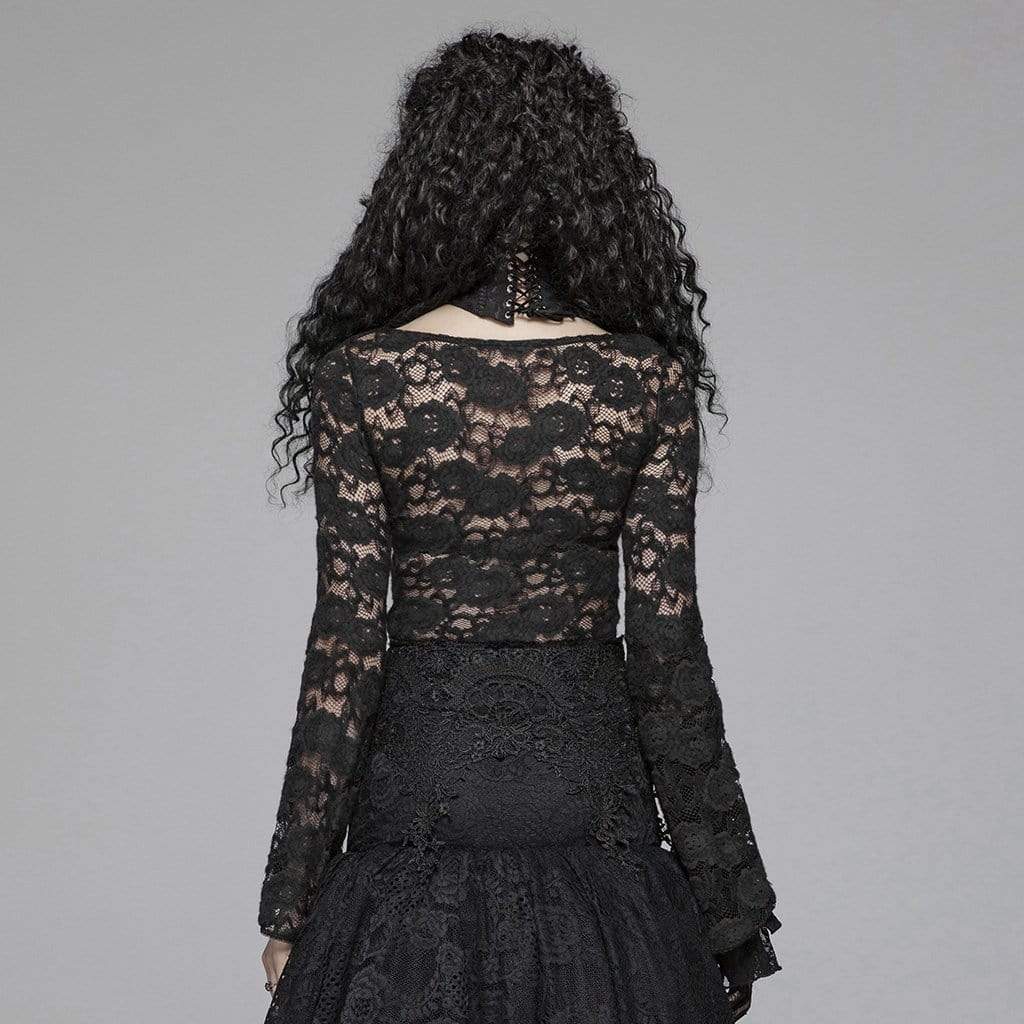 Women's Goth Sheer Floral Lace Long Sleeved Tops
