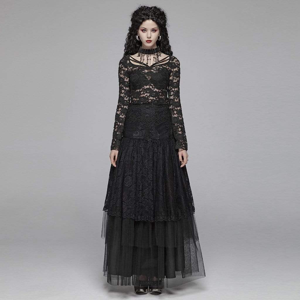 Women's Goth Sheer Floral Lace Long Sleeved Tops