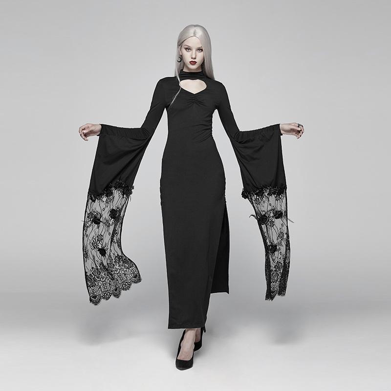 Women's Goth Side Slit Lace Sleeved Maxi Dress With Hollow Out Loving Heart